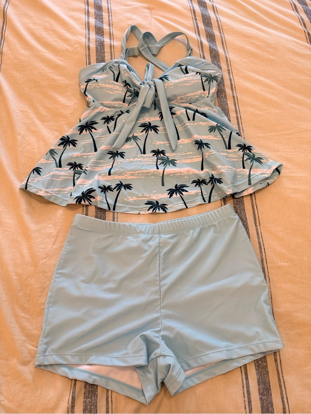 Light Blue Palm Print Tankini Top with Matching Swim Shorts NWOT